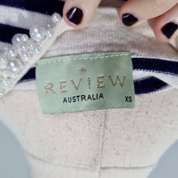 Review Blue & White Stripe Beaded Scoop Neck 3/4 Sleeve Jumper Size XS - Picture 6 of 7